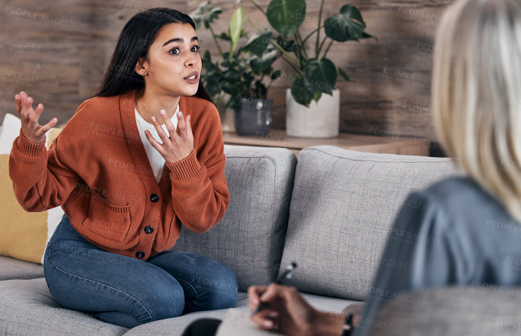 Buy stock photo Counseling, psychology woman and angry patient in therapy for mental health problem, stress or anxiety. Psychologist advice, professional therapist services and consulting client  talking of crisis