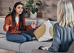 Counseling, psychology woman listening to client in therapy for mental health problem, mind healthcare or advice.  Anxiety and stress patient consulting professional therapist or psychologist on sofa