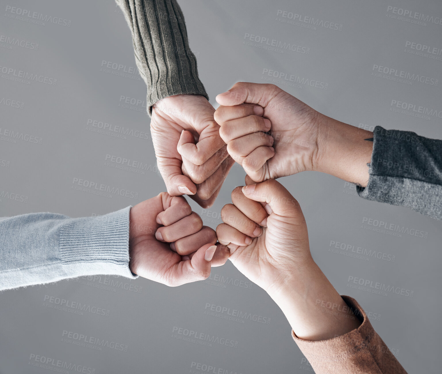 Buy stock photo People, hands and fist bump in trust for unity, collaboration or team agreement in solidarity. Hand of support group bumping fists in teamwork, partnership or coordination for community achievement