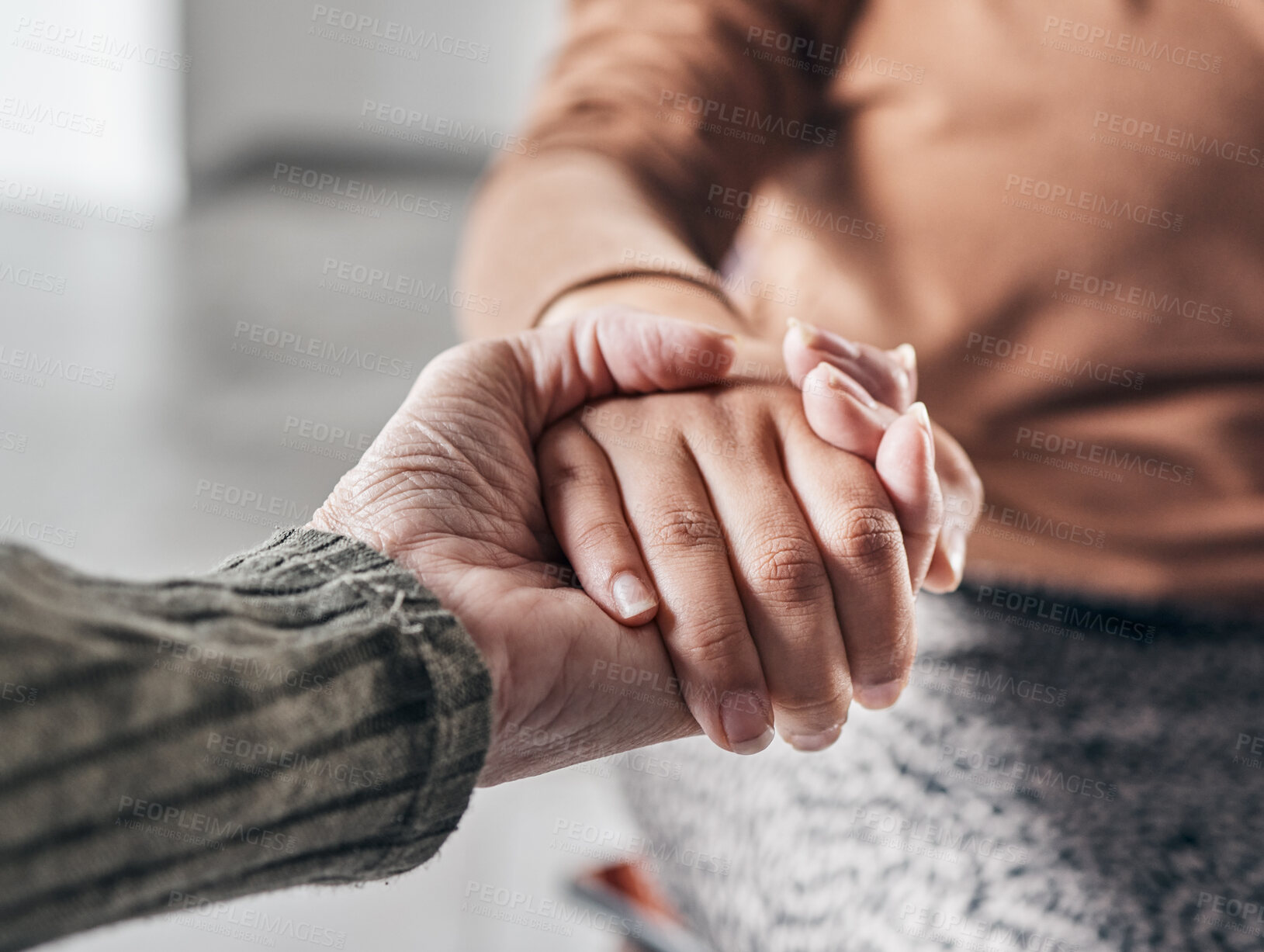 Buy stock photo Mental health, holding hands and support with counseling or prayer, therapy group and worship with people in crisis. Psychology, empathy and praying together, respect and community with trauma