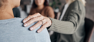 Buy stock photo Closeup, hand and old woman support friend, solidarity and community with sympathy and therapy. Zoom, touching shoulder for grief and female with love, compassion or group with loss and communication