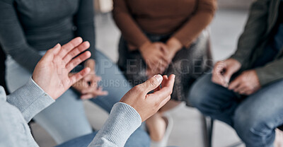 Buy stock photo Support with group, therapy and mental health with hands and help, people together talking about problem and crisis. Psychology, healthcare and trust, respect and community in counseling for trauma