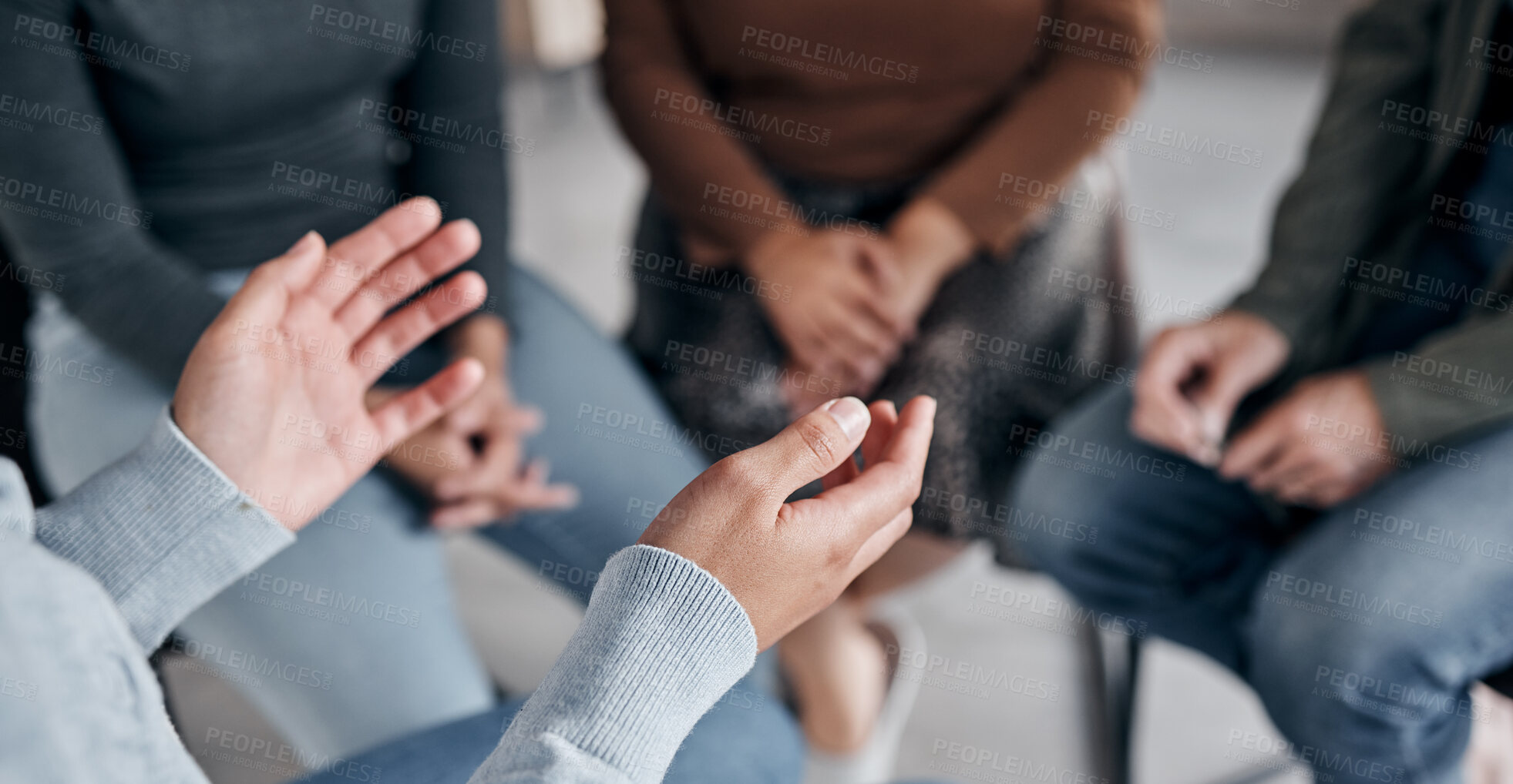 Buy stock photo Support with group, therapy and mental health with hands and help, people together talking about problem and crisis. Psychology, healthcare and trust, respect and community in counseling for trauma