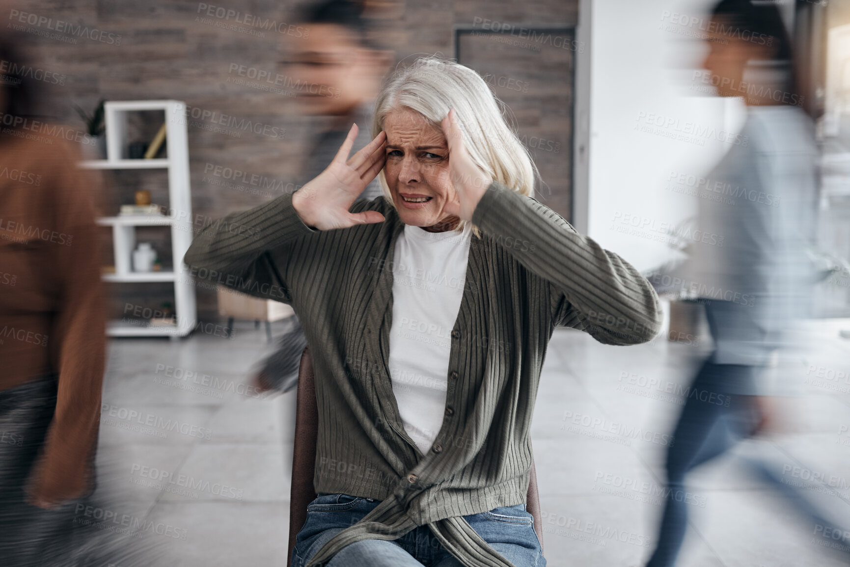 Buy stock photo Anxiety, bipolar and woman with mental health problem, focus and psychology crisis in busy office. Stress, depression and burnout or dementia of senior person with fast people, speed or walking crowd