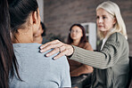 Woman, therapist and community support group for understanding addiction, mental health or counseling. Female counselor or shrink helping people in healthcare, therapy session or meeting for advice