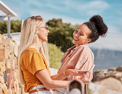 Buy stock photo Diversity, happy or friends laughing to relax while speaking or talking about funny jokes on summer holiday vacation. Florida, smile or women enjoy traveling or bonding on girls trips with freedom