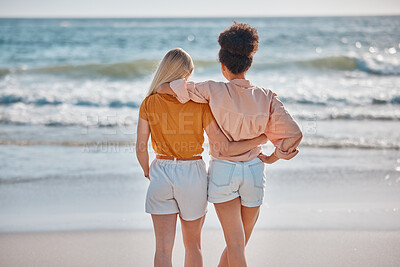 Buy stock photo Back, women and friends hug, beach and summer vacation for bonding, tropical island and adventure on break. Females, ladies and embrace on seaside holiday, bonding and loving together, view and relax