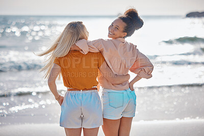 Buy stock photo Back view, hug or friends at a beach to relax talking or laughing on summer holiday vacation in Florida, USA. Bonding, happy or young women enjoy traveling to sea or ocean on girls trips with freedom