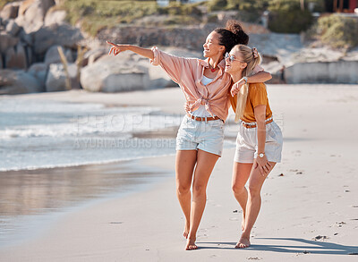 Buy stock photo Couple hug on beach, lesbian and happy with ocean, gay women outdoor with adventure and freedom to love. Interracial relationship, sea view and holiday in Australia, lgbtq with travel and walking 