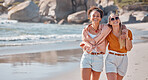Couple on beach, lesbian and happy in portrait with ocean, gay women hug outdoor with adventure and freedom to love. Interracial, nature and holiday in Australia, lgbtq with travel and mockup space