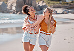 Couple on beach, lesbian and happy with travel, gay women hug outdoor with adventure and freedom to love by ocean. Interracial relationship, holiday in Australia and lgbtq with commitment happiness