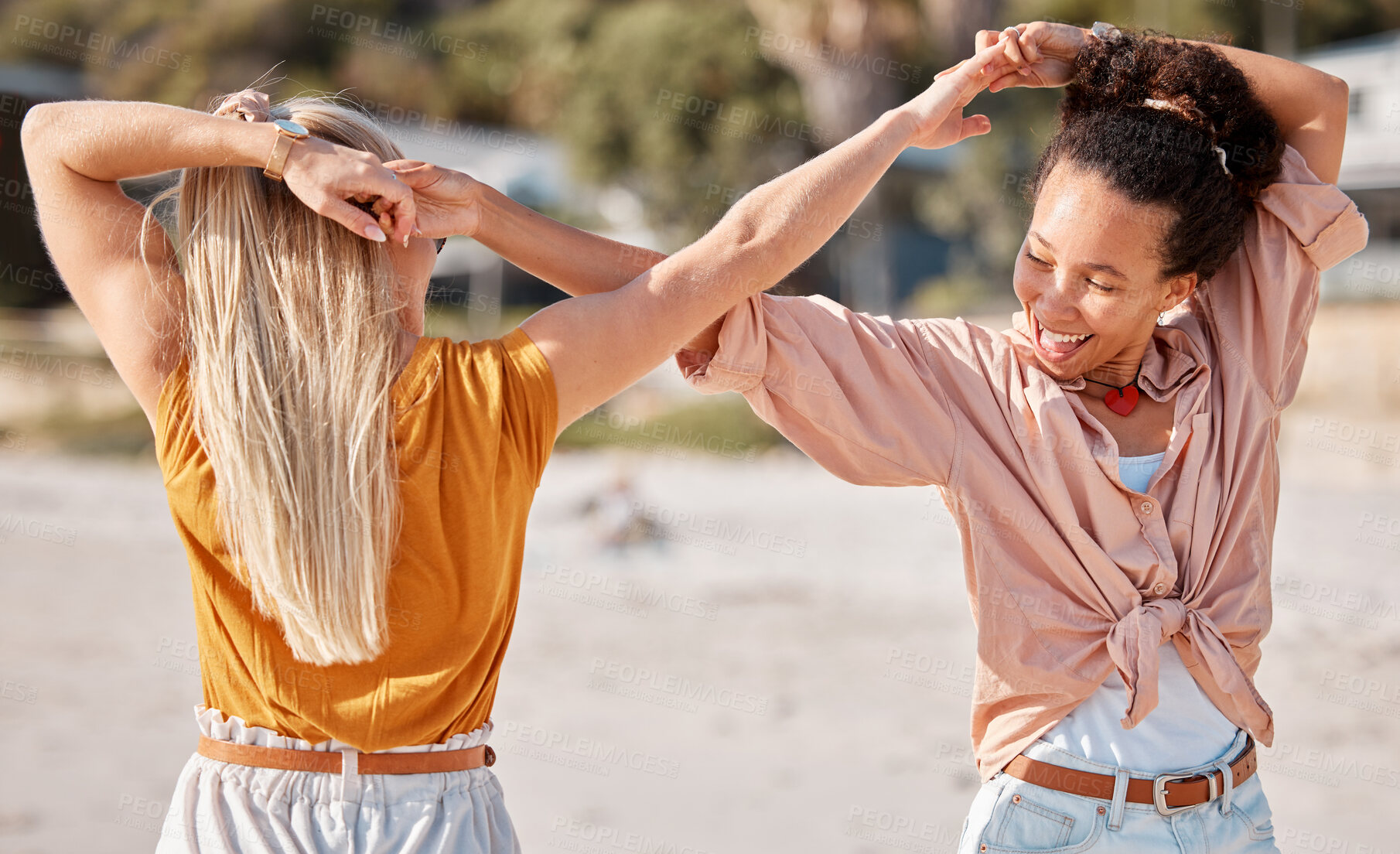 Buy stock photo Infinity, happy or friends at a beach holding hands relaxing or laughing on summer holiday vacation in Florida. Bonding, smile or women enjoy traveling to sea or ocean on girls trips with freedom