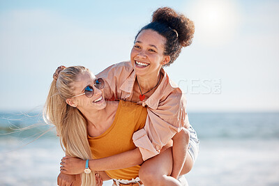 Buy stock photo Women, friends and piggy back on beach, vacation and on weekend break with happiness, loving and bonding together. Female carry lady, girls and adventure on summer holiday, getaway or playful outdoor