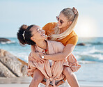Piggy back, happy or friends at the beach relaxing, talking or laughing on summer holiday vacation in Florida, USA. Bonding, smile or women enjoy traveling to sea or ocean on girls trips with freedom