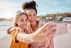Beach, selfie and friends on summer, vacation or holiday, happy and smile while bonding on mockup background. Travel, freedom and women hug for photo, profile picture or social media post in Miami 