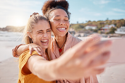 Buy stock photo Selfie, beach and friends with tongue out face on summer, trip or holiday, fun and silly on mockup background. Emoji, faces and women pose for photo, profile picture or social media post in Miami