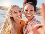 Friends, portrait and beach selfie on summer, vacation or holiday, happy and smile on mockup background. Travel, face and freedom by women hug for photo, profile picture or social media post in Miami