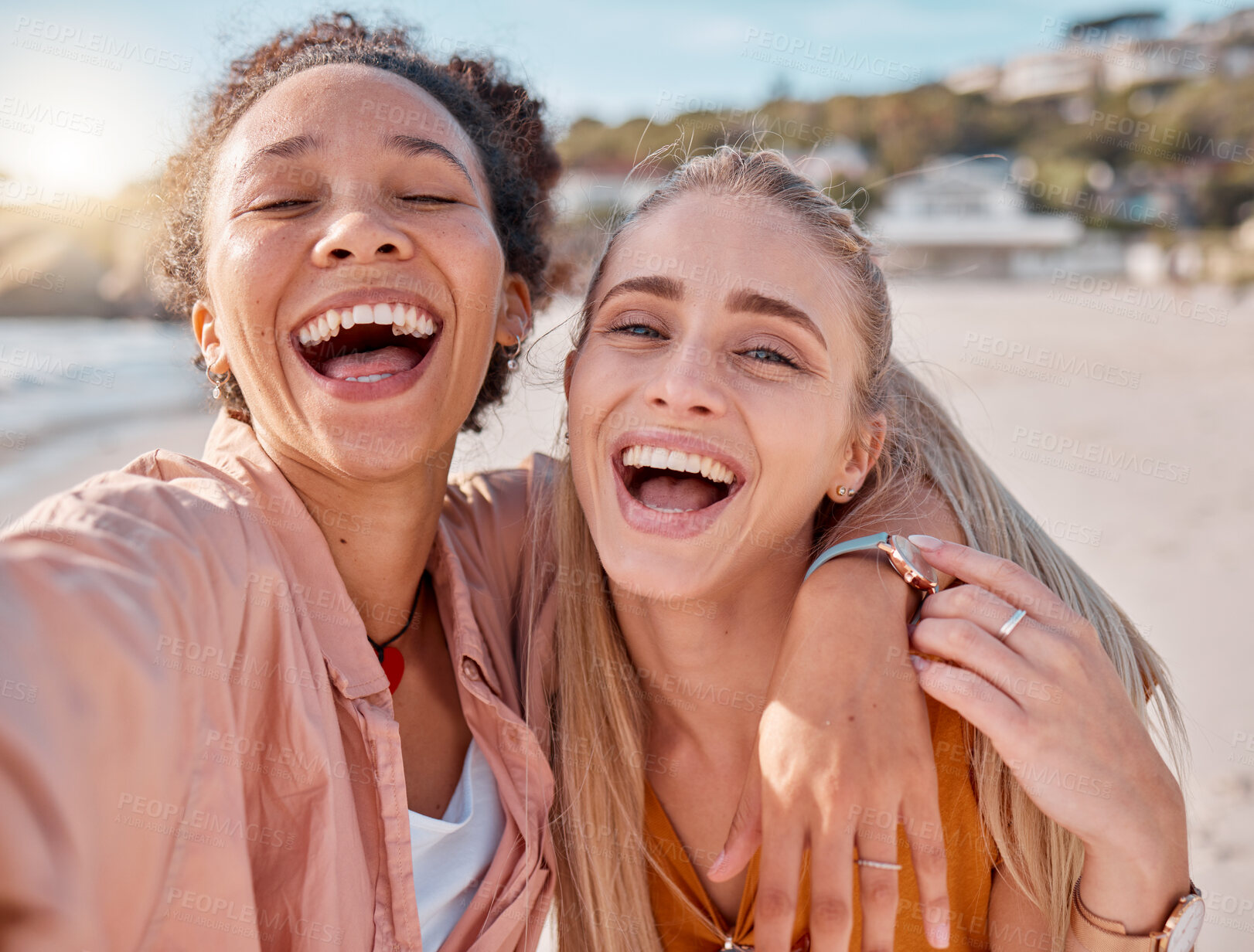 Buy stock photo Selfie, excited and portrait friends at the beach for bonding, weekend and holiday in Miami. Happy, comic and women with a photo for vacation memory, travel and happiness hug by the sea in summer