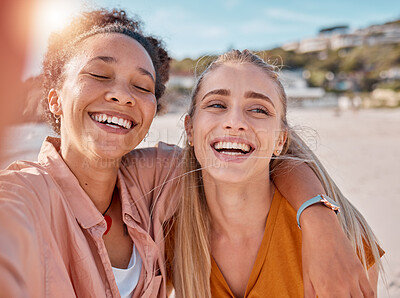 Buy stock photo Selfie, funny and laughing friends at the beach for bonding, weekend and holiday in Miami. Happy, comic and women with a photo for vacation memory, travel and happiness hug by the sea in summer