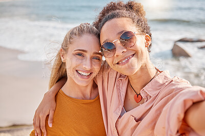 Buy stock photo Selfie, beach and portrait of women on summer, vacation or trip, happy and smile on mockup background. Travel, face and freedom by friends hug for photo, profile picture or social media post in Miami