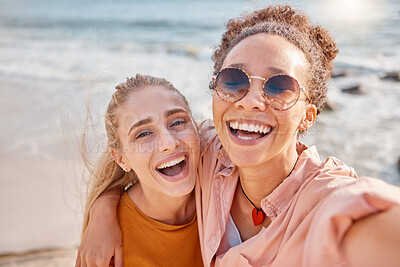 Buy stock photo Beach, selfie and portrait of women on summer, vacation or trip, happy and smile on mockup background. Travel, face and freedom by friends hug for photo, profile picture or social media post in Miami