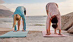 Pilates, fitness and woman friends on the beach together for mental health, wellness or balance in summer. Exercise, diversity or nature with a female yogi and friend practicing yoga outside