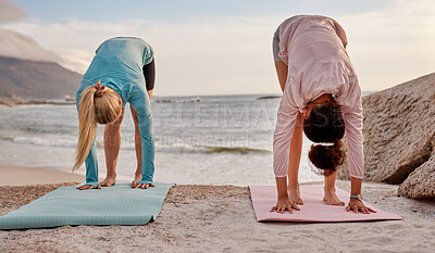 Buy stock photo Pilates, fitness and woman friends on the beach together for mental health, wellness or balance in summer. Exercise, diversity or nature with a female yogi and friend practicing yoga outside