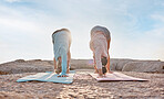Yoga, exercise and woman friends on the beach together for mental health, wellness or balance in summer. Exercise, diversity or nature with a female yogi and friend outside for health or mindfulness