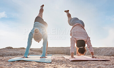Buy stock photo Yoga, flare and woman friends on the beach together for mental health, wellness or fitness in summer. Exercise, diversity or nature with a female yogi and friend practicing meditation outside