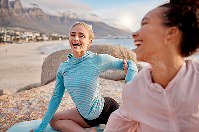 Buy stock photo Yoga, laughter and woman friends on the beach together for mental health, wellness or fun in summer. Exercise, diversity or nature with a female yogi and friend enjoying a laugh or joking outside