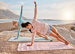 Yoga, fitness and zen, friends on beach with focus and peace with blue sky and sea waves. Peace mindset, women with spiritual health for balance and exercise, mental wellness or energy on ocean rock.