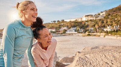 Buy stock photo Woman, friends and fitness laughing at the beach for funny joke, meme or time together in the outdoors. Happy women enjoying exercise with laugh in humor for fun sports workout by the ocean coast