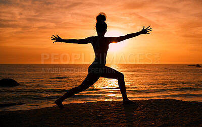 Buy stock photo Meditation, yoga and silhouette of woman on beach at sunrise for exercise, training and pilates workout. Morning, fitness and shadow of girl balance by ocean for sports, body wellness and stretching