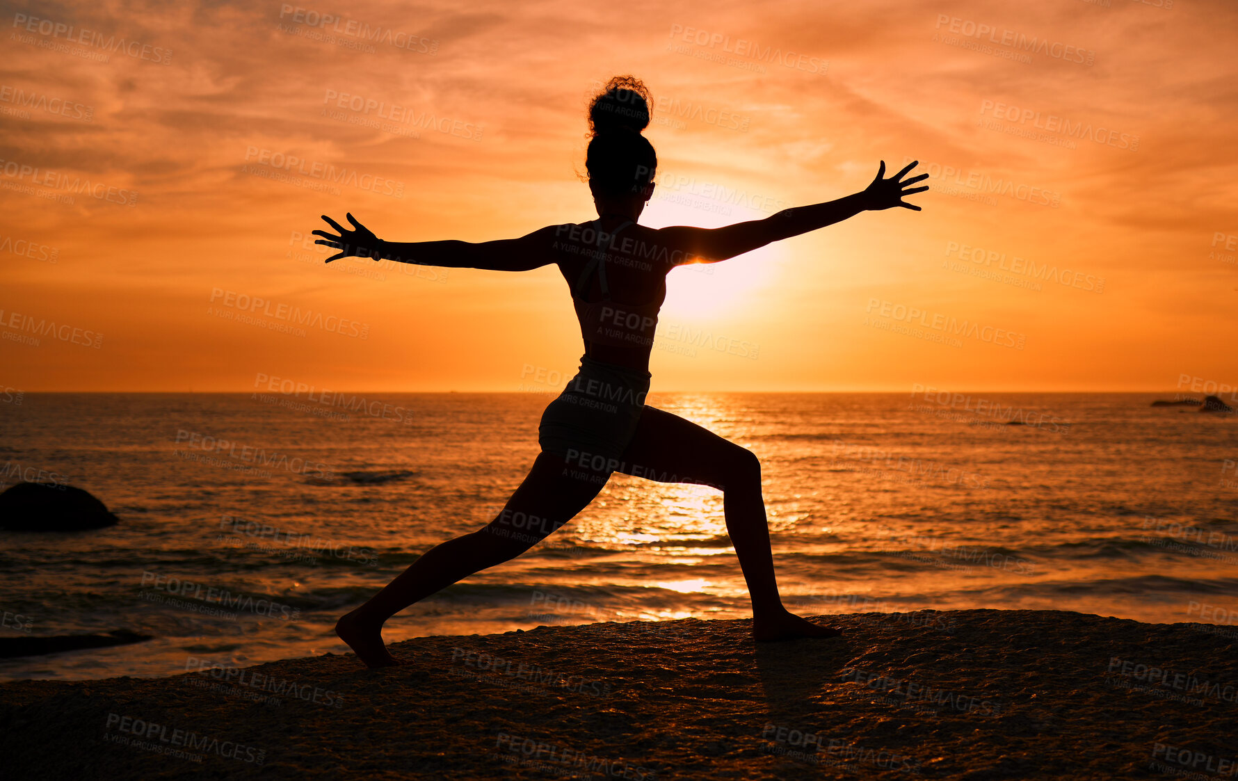 Buy stock photo Meditation, yoga and silhouette of woman on beach at sunrise for exercise, training and pilates workout. Morning, fitness and shadow of girl balance by ocean for sports, body wellness and stretching