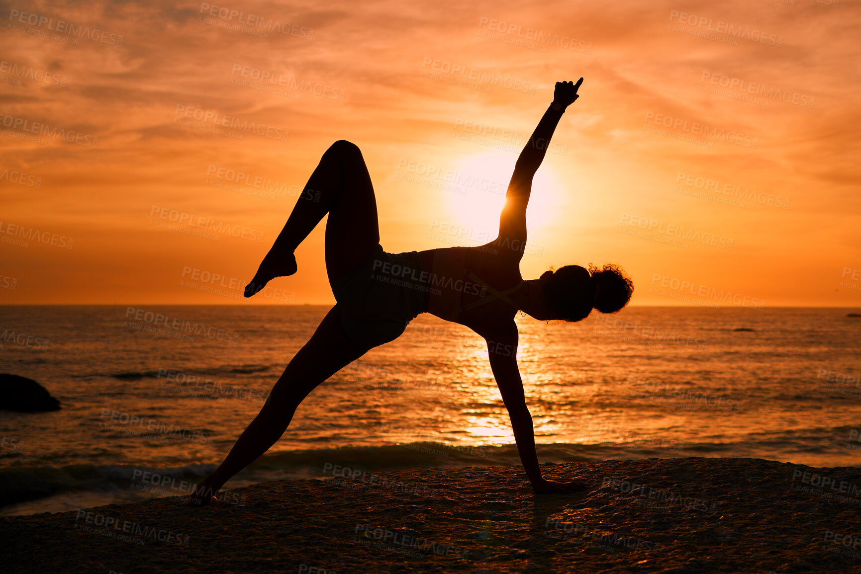 Buy stock photo Fitness, yoga and silhouette of woman on beach at sunrise for exercise, training and pilates workout. Motivation, meditation and shadow of girl balance by ocean for sports, wellness and stretching