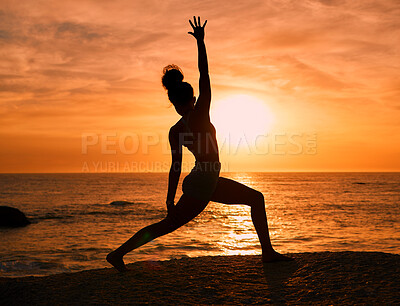 Buy stock photo Yoga, exercise and silhouette of woman on beach at sunrise for fitness, training and pilates workout. Motivation, meditation and shadow of girl balance by ocean for sports, wellness and stretching