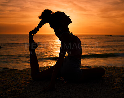 Buy stock photo Pilates, yoga and silhouette of woman on beach at sunrise for exercise, training and fitness workout. Motivation, meditation and shadow of girl balance by ocean for sports, wellness and stretching