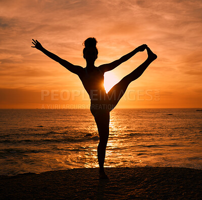 Buy stock photo Yoga, stretching and silhouette of woman on beach at sunrise for exercise, training and pilates workout. Motivation, meditation and shadow of girl balance by ocean for sports, wellness and fitness