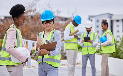 Buy stock photo Industry, inspection and construction team with a clipboard for a maintenance, repair or building project. Collaboration, teamwork and industrial workers analyzing or planning architecture checklist.