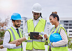 Digital tablet, construction site and team of engineer at building creative, planning or strategy. People, collaboration or architect group online on thinking, problem solving or engineering on space