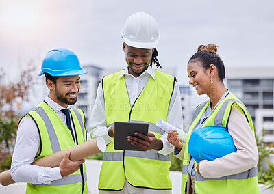 Buy stock photo Digital tablet, construction site and team of engineer at building creative, planning or strategy. People, collaboration or architect group online on thinking, problem solving or engineering on space