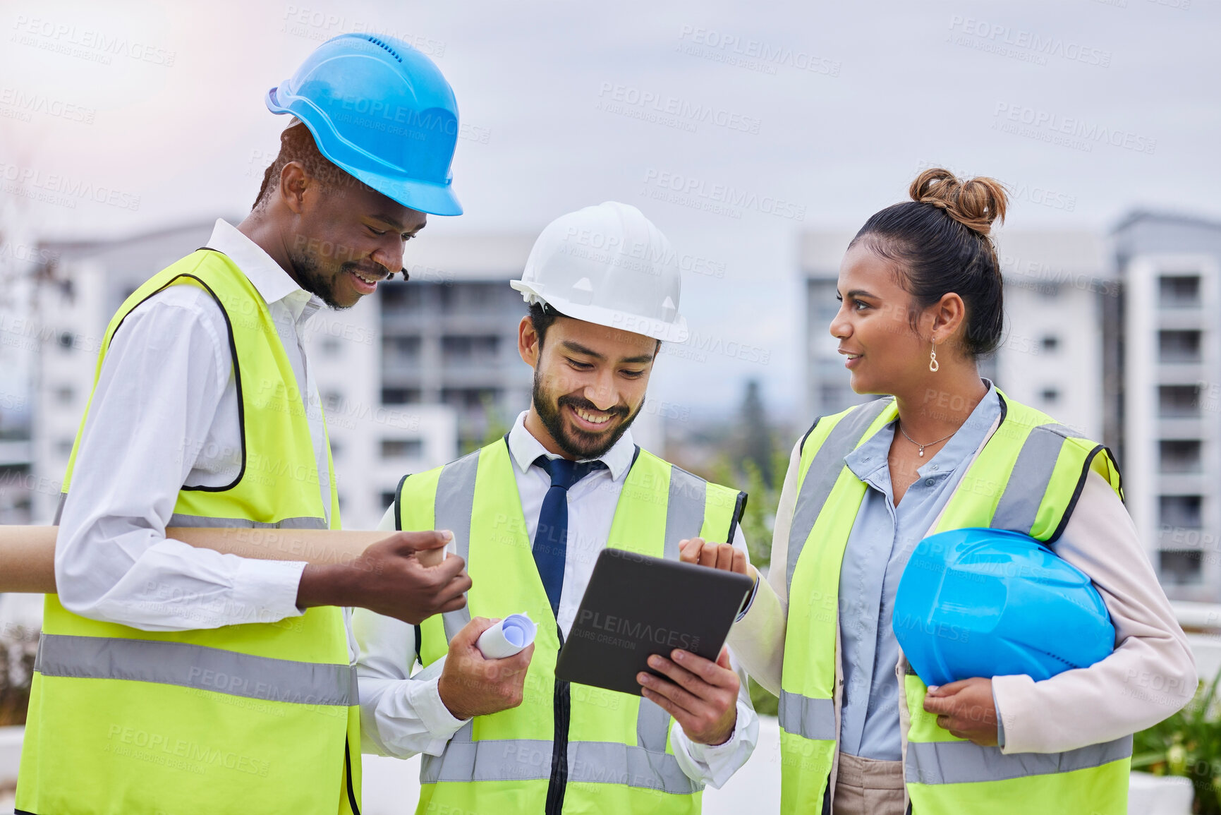 Buy stock photo Construction site, digital tablet and team of engineers at building creative, planning and vision. Design, teamwork and architect group online for thinking, problem solving and engineering on mockup