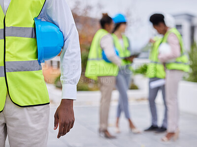 Buy stock photo Construction worker team, man and helmet in mockup with planning vision, strategy or blueprint for property. Architect group, black woman and men with tablet, safety and collaboration for development