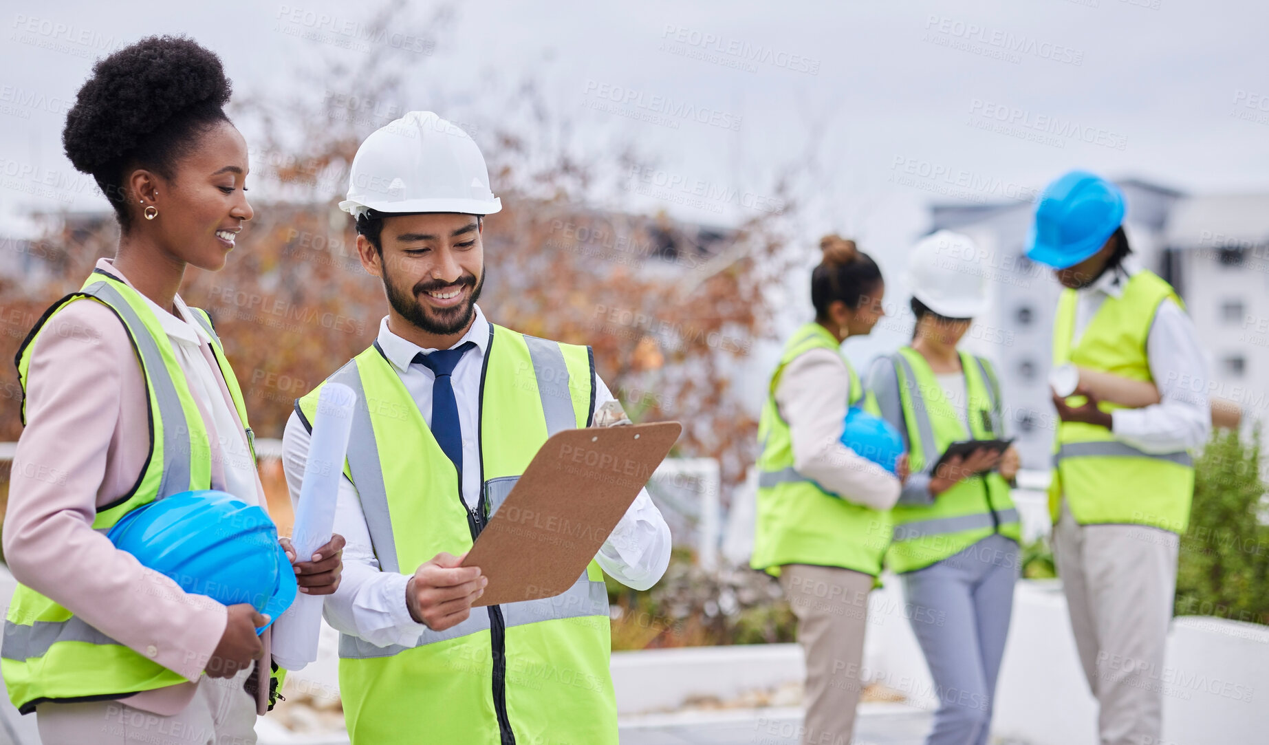 Buy stock photo Construction worker team, discussion and clipboard for planning vision, strategy and blueprint for property. Architect group, black woman and men with tablet, helmet and conversation for development
