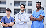 Portrait, healthcare or collaboration with a doctor and team standing arms crossed outside of a hospital. Medical, teamwork or trust with a man and woman professional medicine group feeling confident