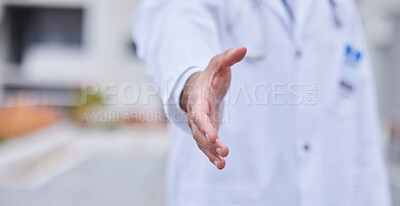 Buy stock photo Doctor, handshake or hand for interview and welcome for hr, hiring and meeting in a medical hospital. Healthcare, medicine and nurse shaking hands for partnership, successful deal for onboarding team