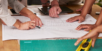 Buy stock photo Hands, collaboration and architecture with a designer team planning on a table using a blueprint. Building, planning and teamwork with an engineer employee group at work on project development