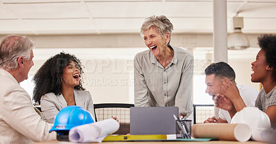 Buy stock photo Laughing, conversation and employees in an engineering meeting for teamwork, planning and design. Comic, smile and group of happy architecture workers in a funny discussion about construction