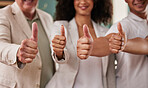 Business people, hands and thumbs up for winning, team or agreement in good job at the office. Group of employee workers showing hand sign or emoji in support for like, agree or yes at workplace