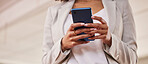 Woman, hands and phone in networking for communication, social media or texting for conversation. Hand of female person on mobile smartphone chatting, browsing or searching in 5G connection on mockup
